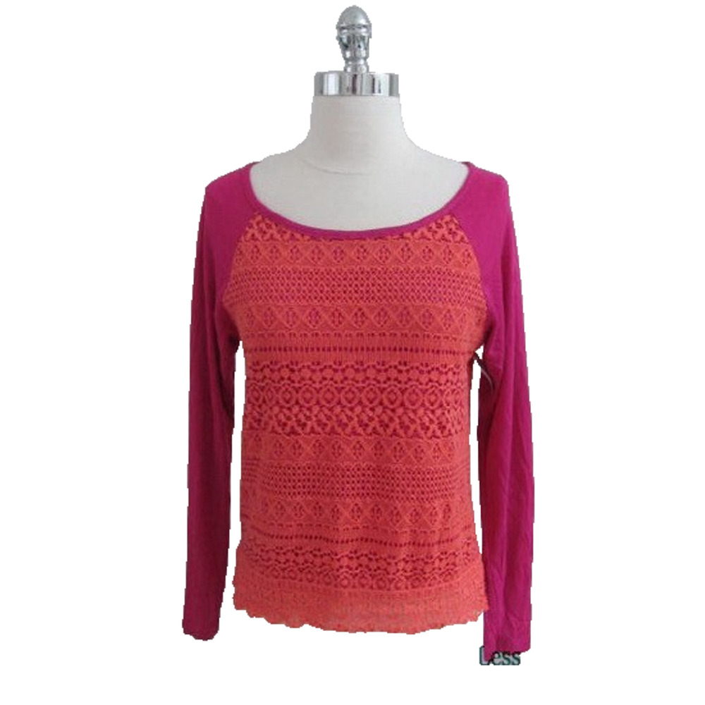 New IMAGINARY VOYAGE Small Orange Pink Lace Crochet Long Sleeve Top Tee Tshirt